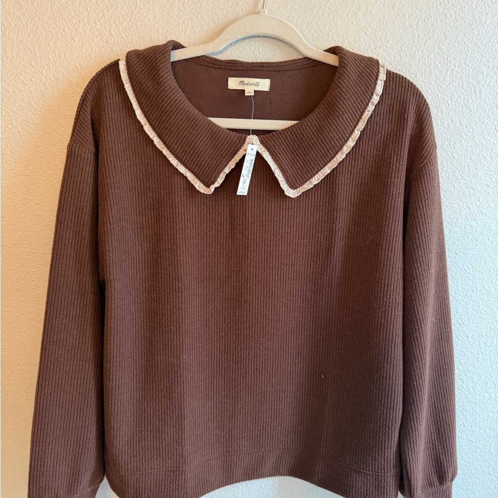Madewell Chocolate Brown Sweater with Lace Trim